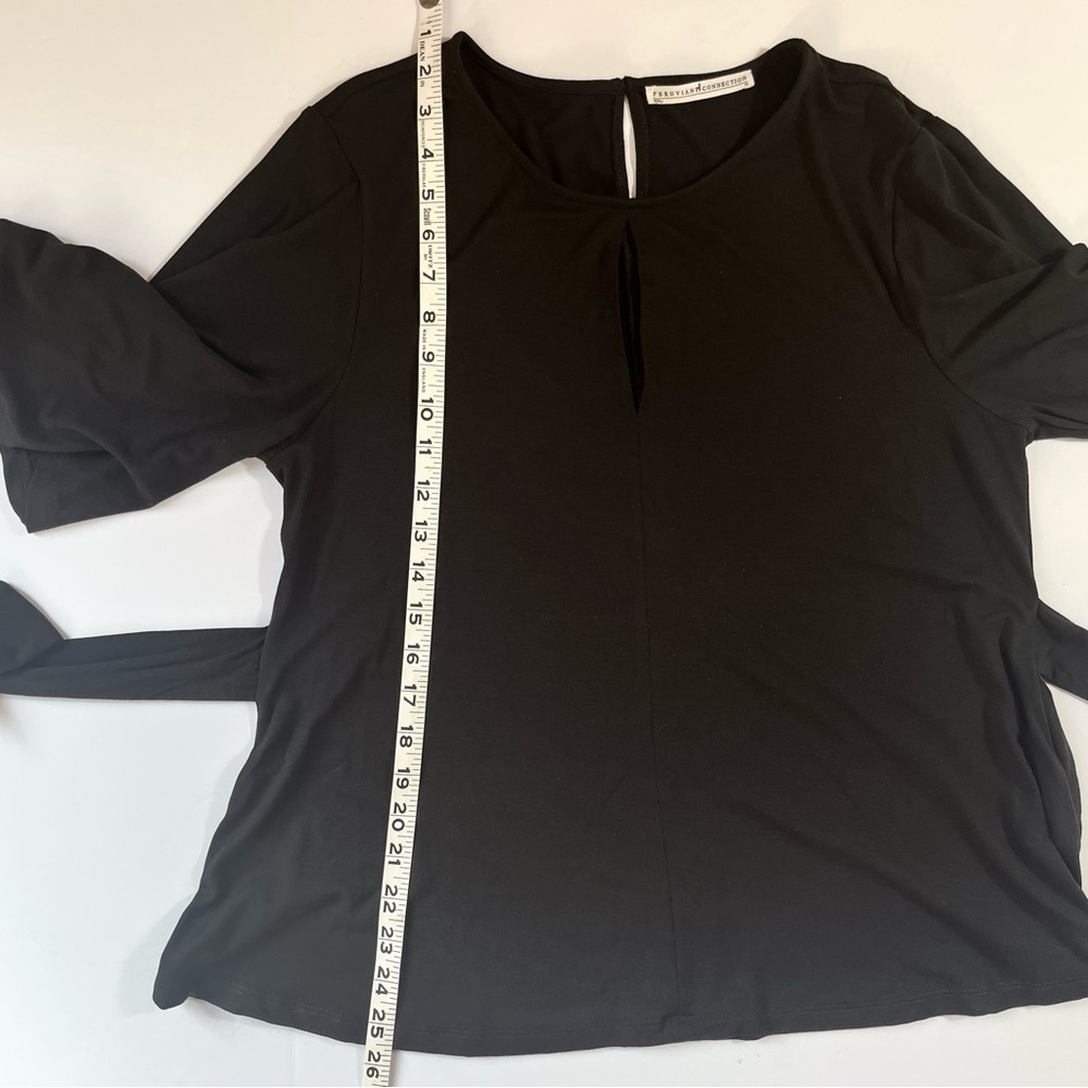Peruvian Connection Black Keyhole Top Tie Waist Flutter Sleeve Stretch Blouse M - Picture 13 of 14
